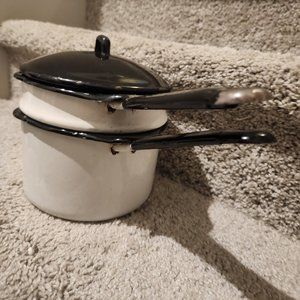 Vintage Enamelware Double Boiler Pans, White with Black Trim